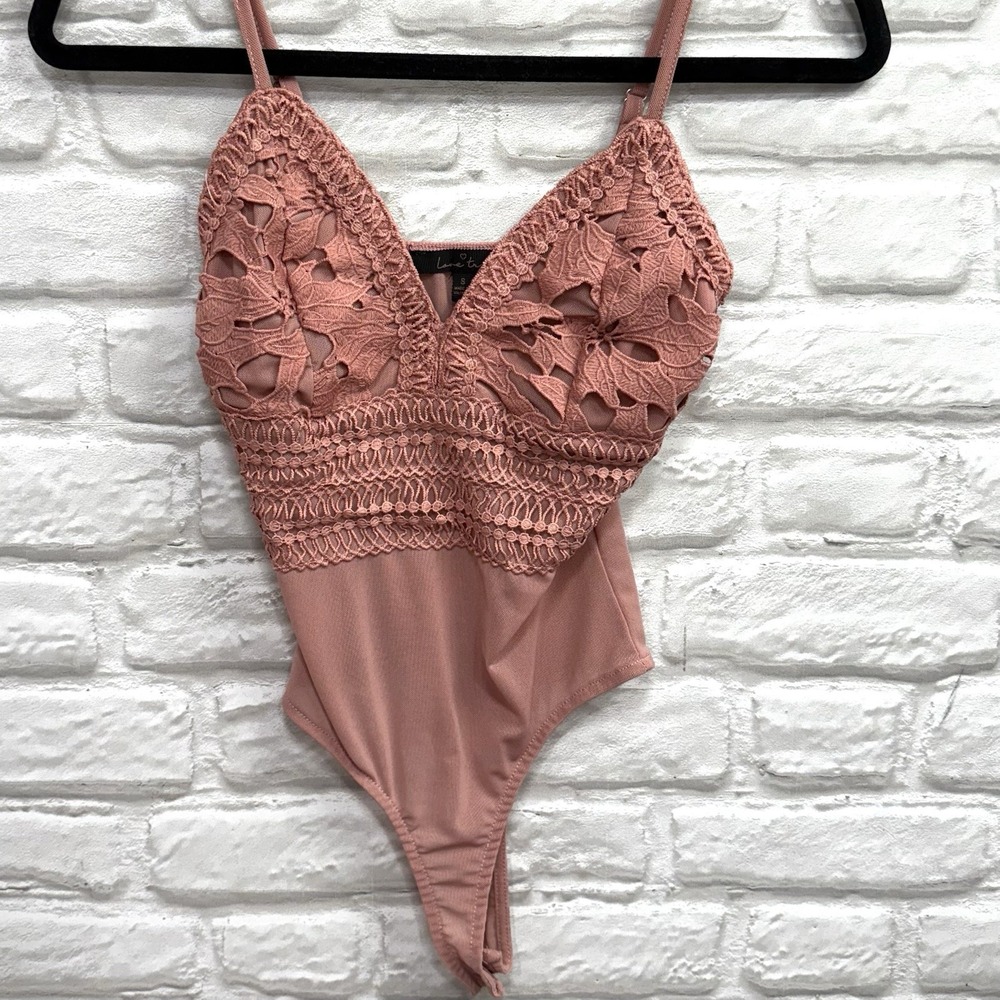 Love Tree Pink Lace Crocheted Embroidered Bodysuit Sz S Sheer Baby Doll Lingerie